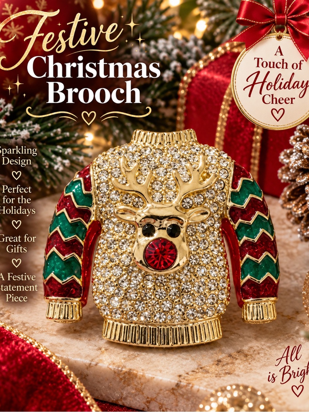 Festive Gold Reindeer Sweater Brooch - Holiday Pin in Red, Green & Gold